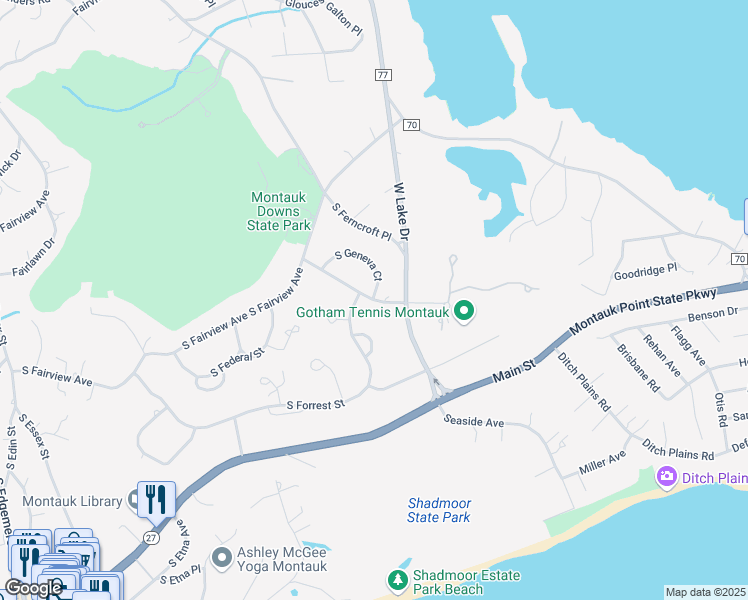 map of restaurants, bars, coffee shops, grocery stores, and more near 21 South Fulton Drive in Montauk