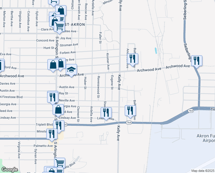 map of restaurants, bars, coffee shops, grocery stores, and more near 769 Staeger Street in Akron