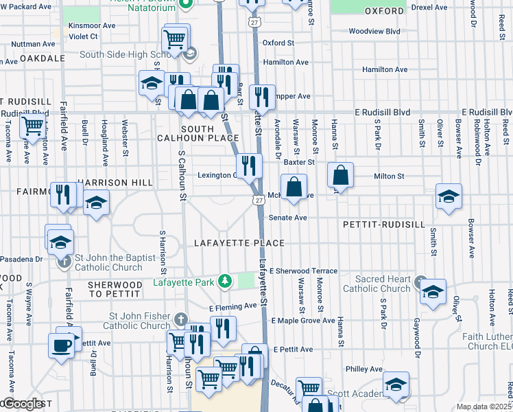 map of restaurants, bars, coffee shops, grocery stores, and more near 4301 Champlain Drive in Fort Wayne