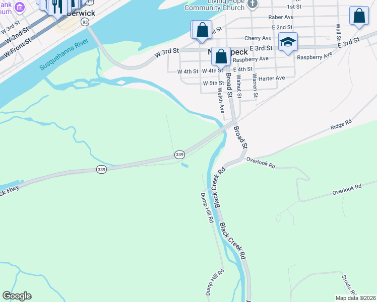 map of restaurants, bars, coffee shops, grocery stores, and more near Mifflin Road in Nescopeck