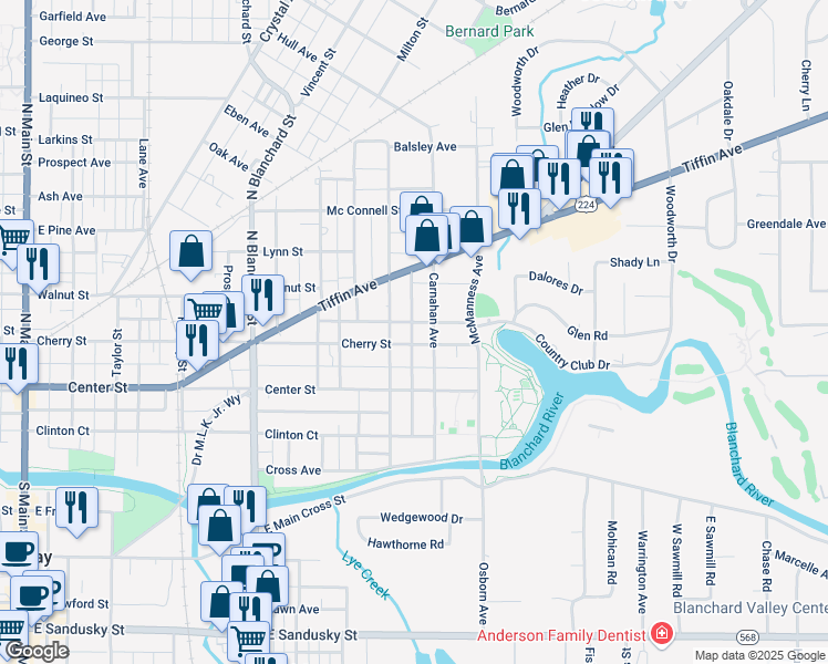 map of restaurants, bars, coffee shops, grocery stores, and more near 419 Central Avenue in Findlay