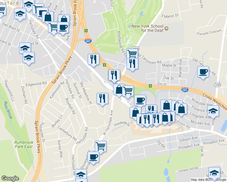 map of restaurants, bars, coffee shops, grocery stores, and more near 70 Tarrytown-White Plains Road in White Plains