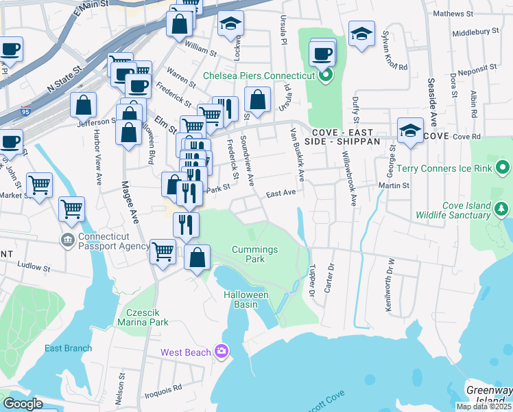 map of restaurants, bars, coffee shops, grocery stores, and more near 2 Owen Street in Stamford