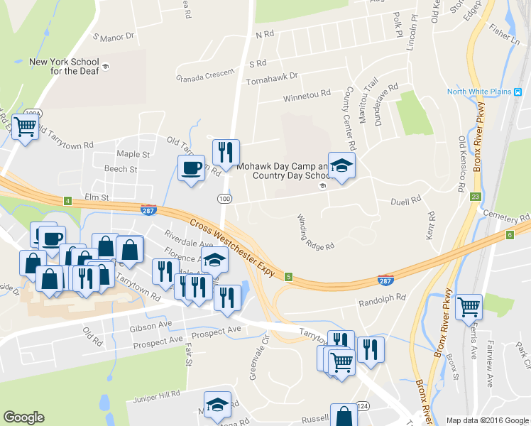map of restaurants, bars, coffee shops, grocery stores, and more near 3 Winding Ridge Road in White Plains