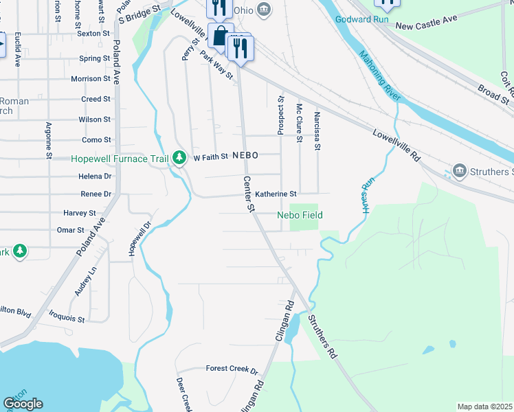 map of restaurants, bars, coffee shops, grocery stores, and more near 15 Katherine Street in Struthers