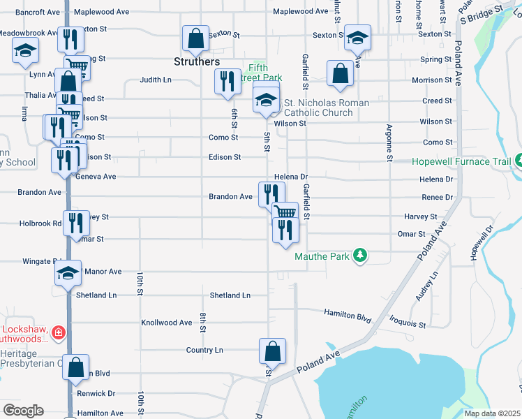 map of restaurants, bars, coffee shops, grocery stores, and more near 929 5th Street in Struthers