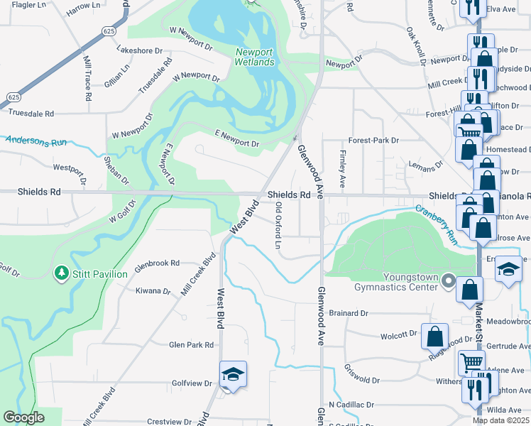 map of restaurants, bars, coffee shops, grocery stores, and more near in Boardman