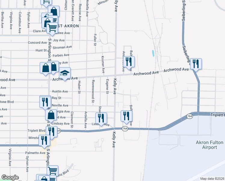 map of restaurants, bars, coffee shops, grocery stores, and more near 3077 Flight Memorial Parkway in Akron