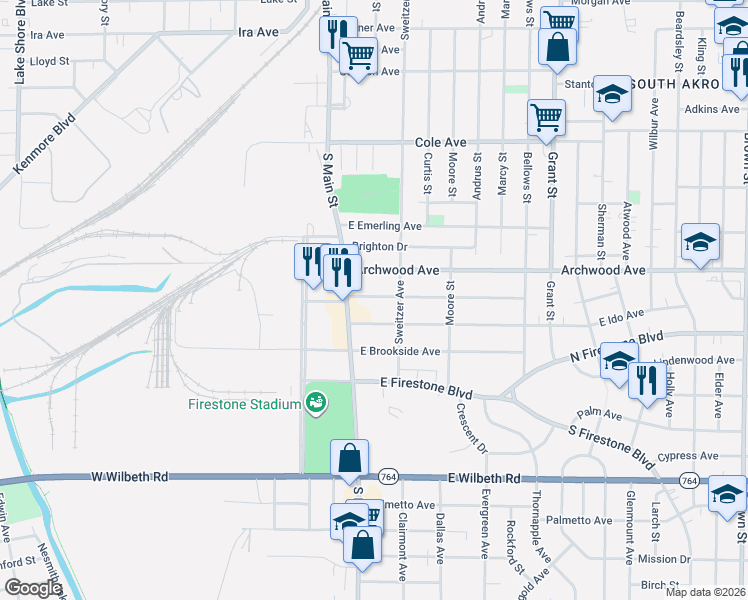 map of restaurants, bars, coffee shops, grocery stores, and more near 19 East Mapledale Avenue in Akron