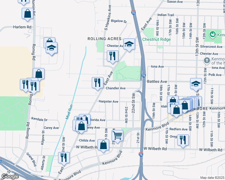 map of restaurants, bars, coffee shops, grocery stores, and more near 1174 Battles Avenue in Akron