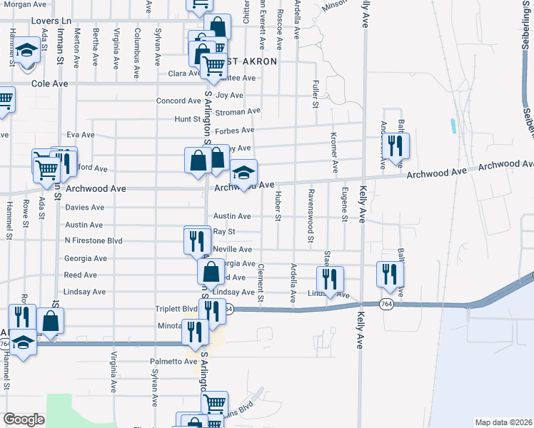 map of restaurants, bars, coffee shops, grocery stores, and more near 897 Clement Street in Akron