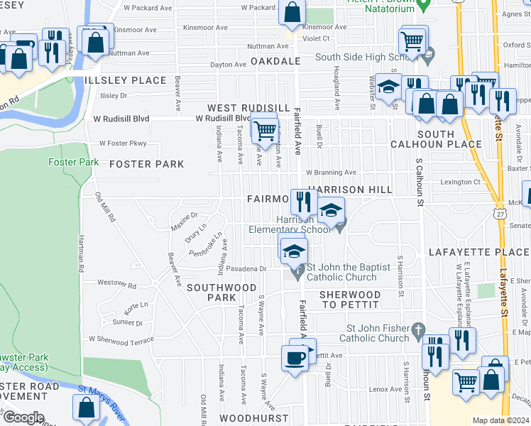 map of restaurants, bars, coffee shops, grocery stores, and more near 4221 South Wayne Avenue in Fort Wayne