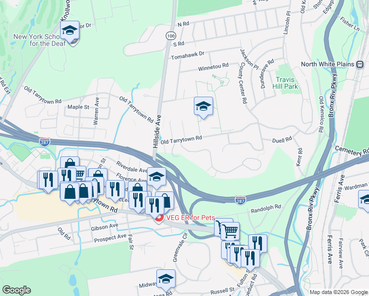 map of restaurants, bars, coffee shops, grocery stores, and more near 3 Winding Ridge Road in White Plains
