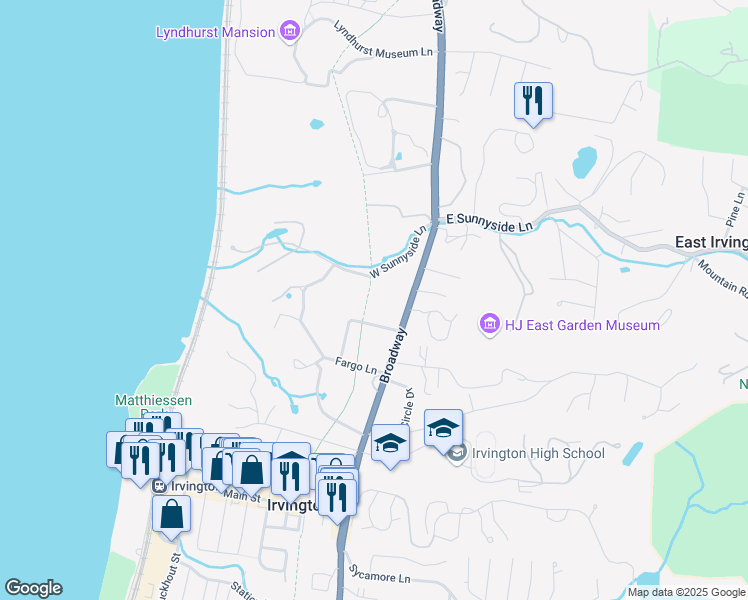 map of restaurants, bars, coffee shops, grocery stores, and more near 99 Brace Bridge Lane in Irvington