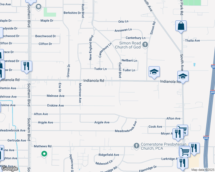 map of restaurants, bars, coffee shops, grocery stores, and more near 443 Indianola Road in Youngstown