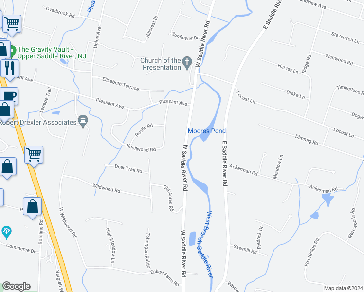 map of restaurants, bars, coffee shops, grocery stores, and more near 227 West Saddle River Road in Saddle River