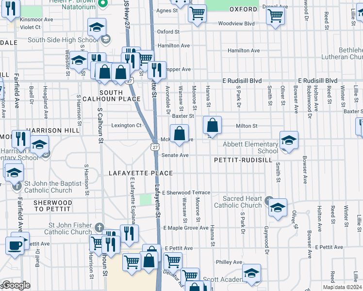 map of restaurants, bars, coffee shops, grocery stores, and more near 540 McKinnie Avenue in Fort Wayne