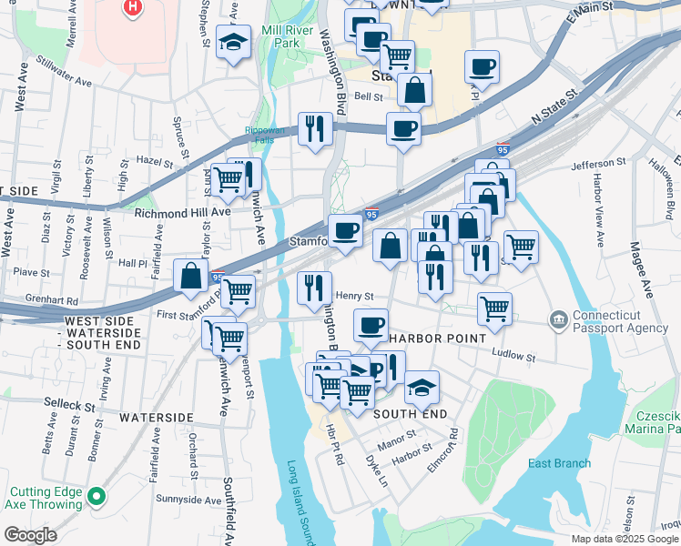 map of restaurants, bars, coffee shops, grocery stores, and more near 1 Station Place in Stamford