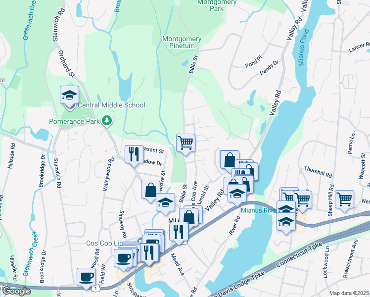 map of restaurants, bars, coffee shops, grocery stores, and more near 55 Bible Street in Greenwich