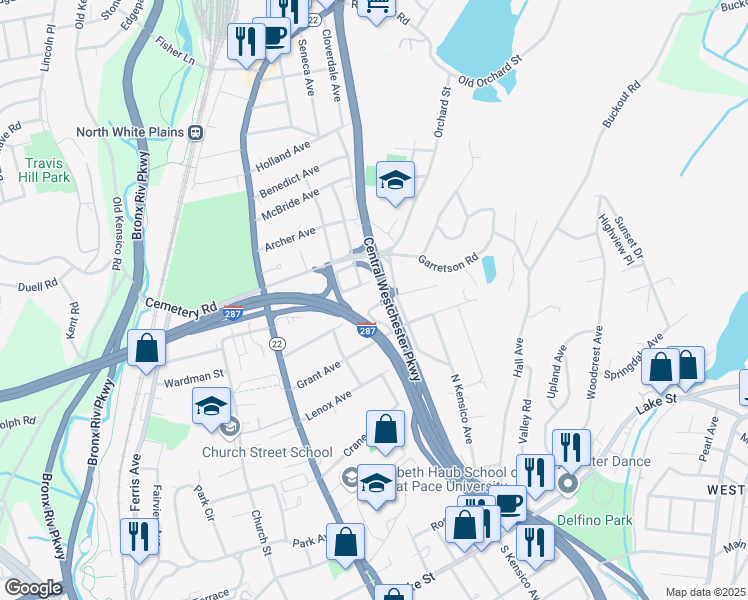 map of restaurants, bars, coffee shops, grocery stores, and more near 85 Griffin Place in White Plains