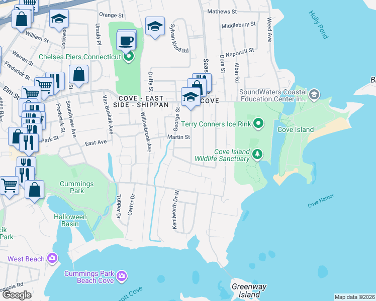 map of restaurants, bars, coffee shops, grocery stores, and more near 86 Horton Street in Stamford