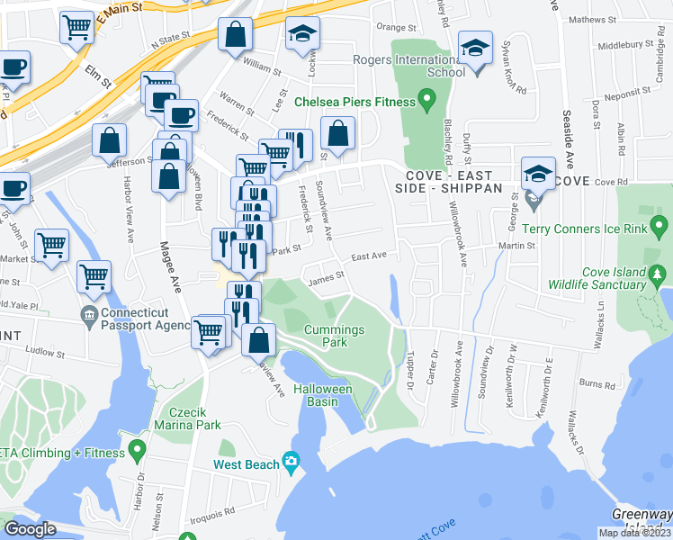 map of restaurants, bars, coffee shops, grocery stores, and more near 2 Owen Street in Stamford