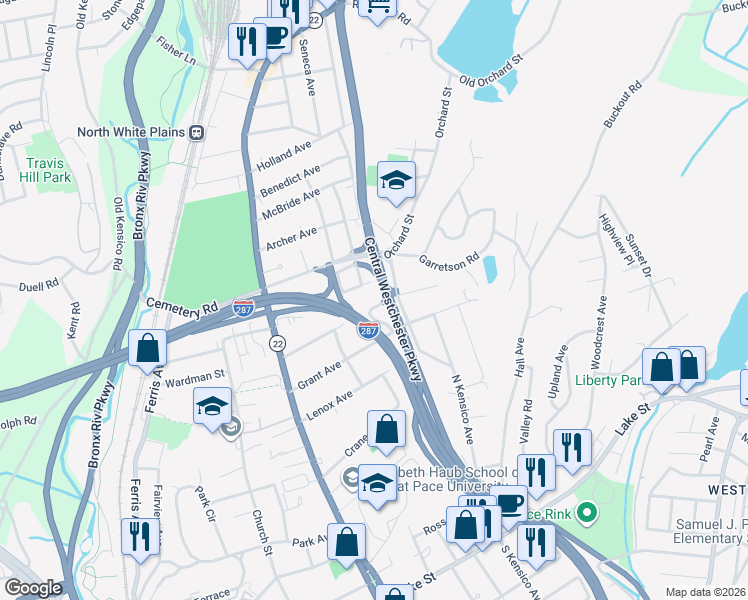 map of restaurants, bars, coffee shops, grocery stores, and more near 85 Griffin Place in White Plains
