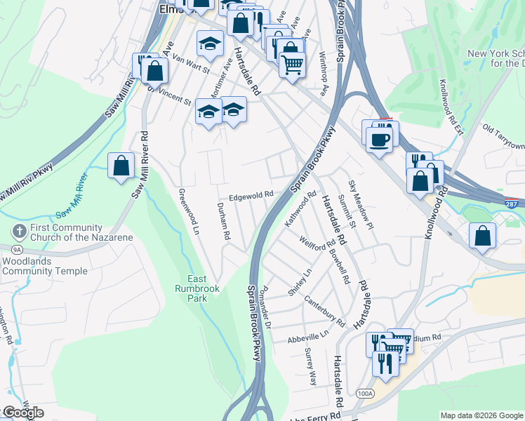 map of restaurants, bars, coffee shops, grocery stores, and more near 105 Wellford Road in White Plains
