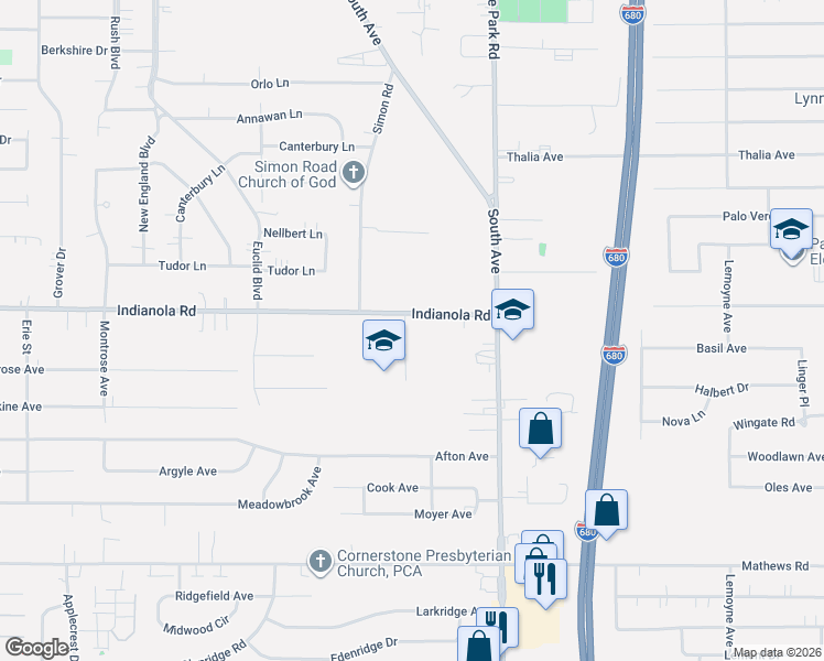 map of restaurants, bars, coffee shops, grocery stores, and more near 855 Indianola Road in Youngstown