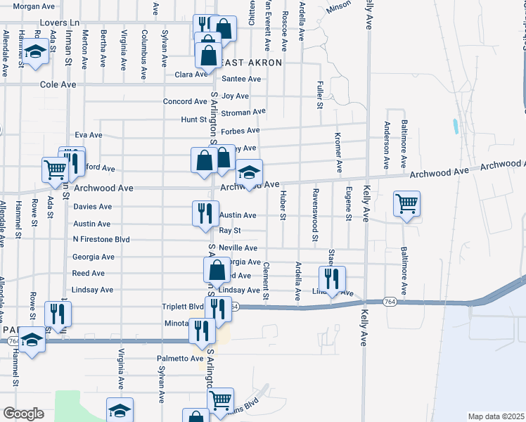 map of restaurants, bars, coffee shops, grocery stores, and more near 897 Clement Street in Akron