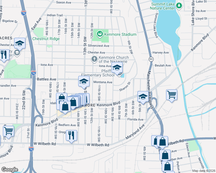 map of restaurants, bars, coffee shops, grocery stores, and more near 2114 9th Street Southwest in Akron