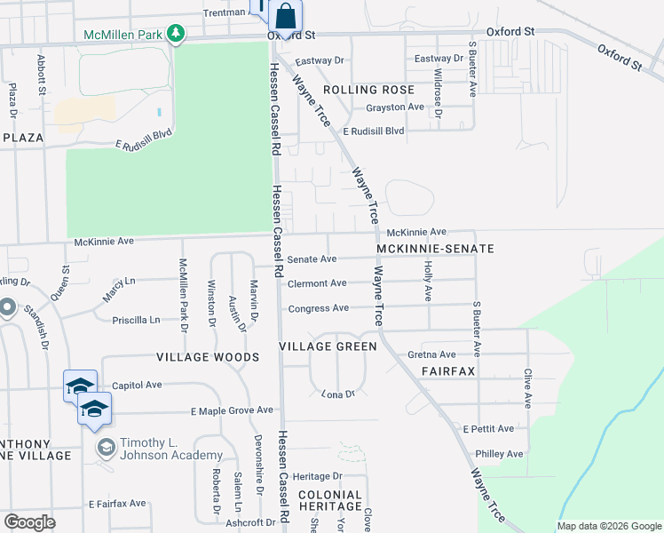 map of restaurants, bars, coffee shops, grocery stores, and more near 3410 Senate Avenue in Fort Wayne