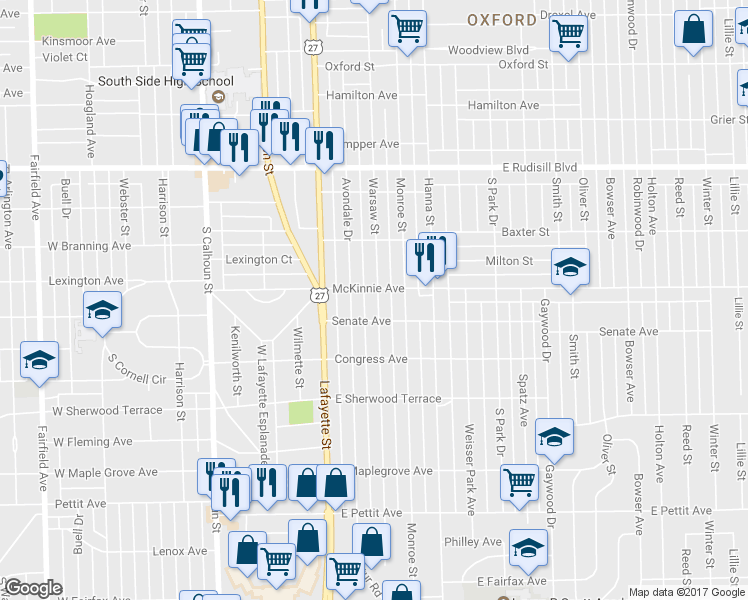 map of restaurants, bars, coffee shops, grocery stores, and more near 540 McKinnie Avenue in Fort Wayne