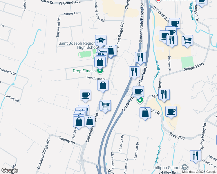map of restaurants, bars, coffee shops, grocery stores, and more near 580 Chestnut Ridge Road in Woodcliff Lake