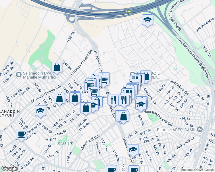 map of restaurants, bars, coffee shops, grocery stores, and more near 230 Doğan Araslı Bulvarı in Esenyurt