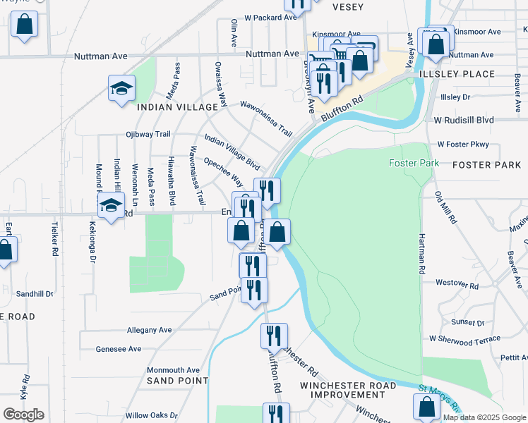 map of restaurants, bars, coffee shops, grocery stores, and more near Bluffton Road & Engle Road in Fort Wayne