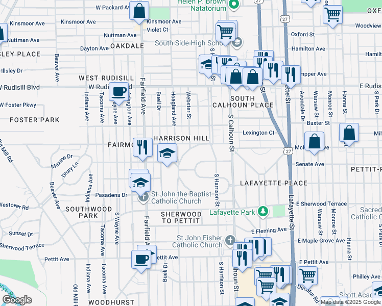 map of restaurants, bars, coffee shops, grocery stores, and more near 301 North Cornell Circle in Fort Wayne