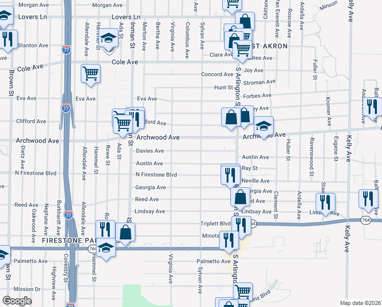 map of restaurants, bars, coffee shops, grocery stores, and more near 884 Davies Avenue in Akron