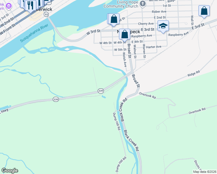 map of restaurants, bars, coffee shops, grocery stores, and more near Mifflin Road in Nescopeck