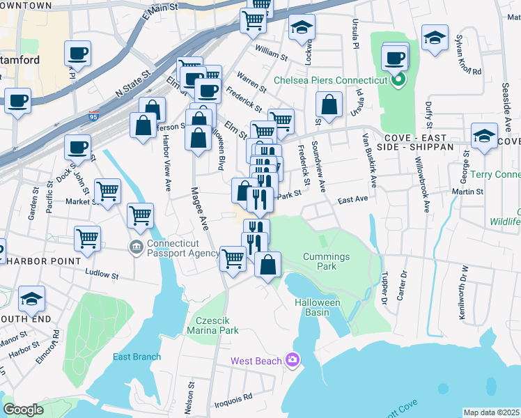 map of restaurants, bars, coffee shops, grocery stores, and more near 361 Shippan Avenue in Stamford