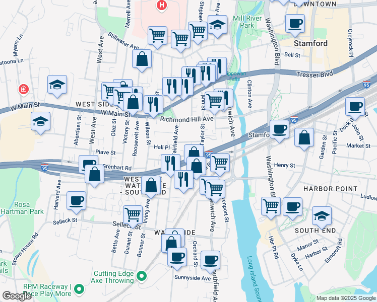 map of restaurants, bars, coffee shops, grocery stores, and more near 79 Taylor Street in Stamford