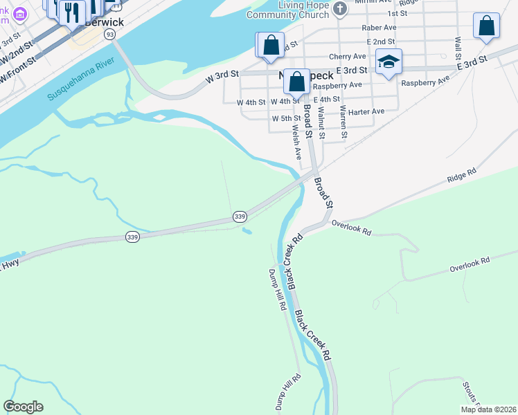 map of restaurants, bars, coffee shops, grocery stores, and more near Mifflin Road in Nescopeck