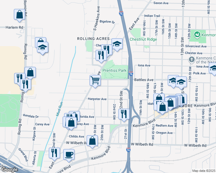 map of restaurants, bars, coffee shops, grocery stores, and more near 2131 24th Street Southwest in Akron