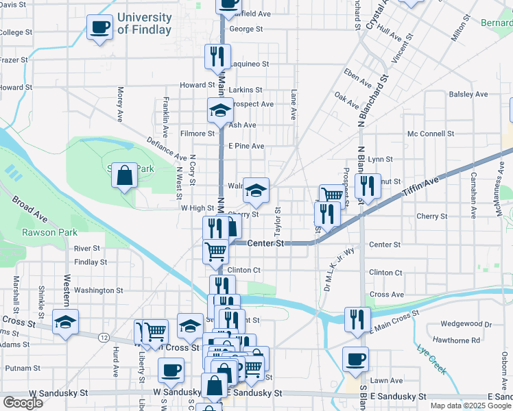 map of restaurants, bars, coffee shops, grocery stores, and more near 411 Clinton Street in Findlay