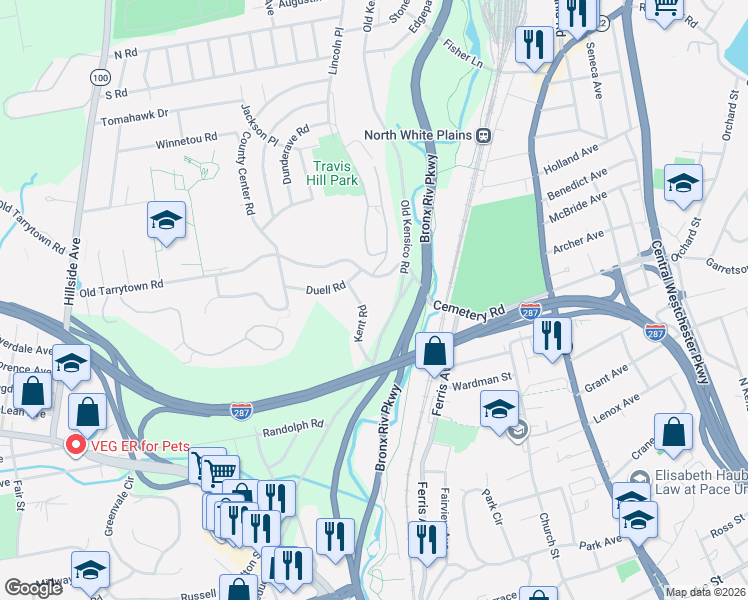 map of restaurants, bars, coffee shops, grocery stores, and more near 48 Kent Road in White Plains