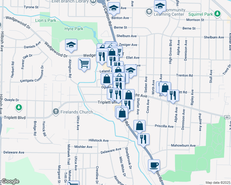 map of restaurants, bars, coffee shops, grocery stores, and more near 2571 Albrecht Avenue in Akron