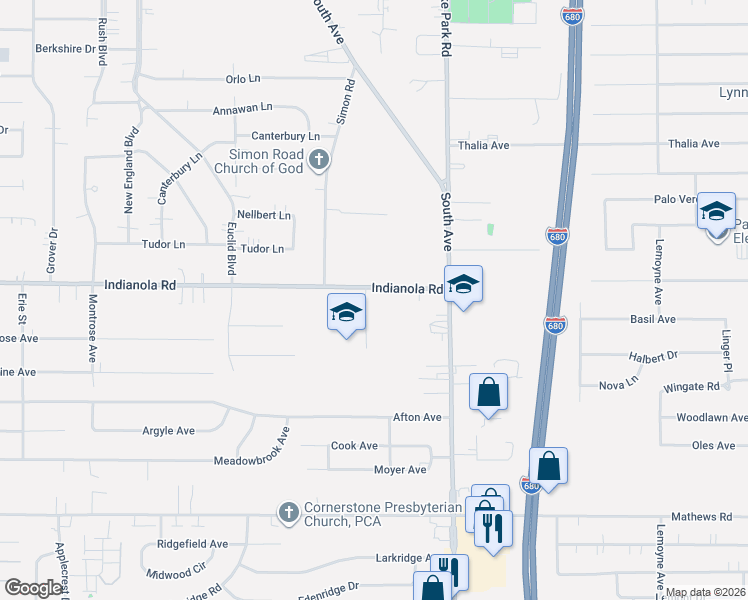 map of restaurants, bars, coffee shops, grocery stores, and more near 855 Indianola Road in Youngstown