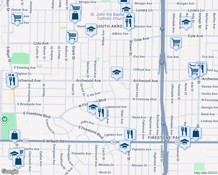map of restaurants, bars, coffee shops, grocery stores, and more near 1322 Beardsley Street in Akron