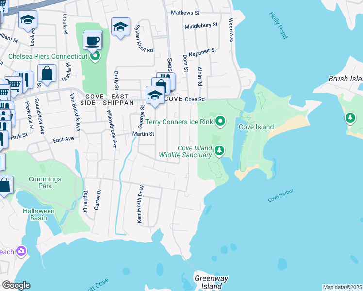 map of restaurants, bars, coffee shops, grocery stores, and more near 85 Dean Street in Stamford