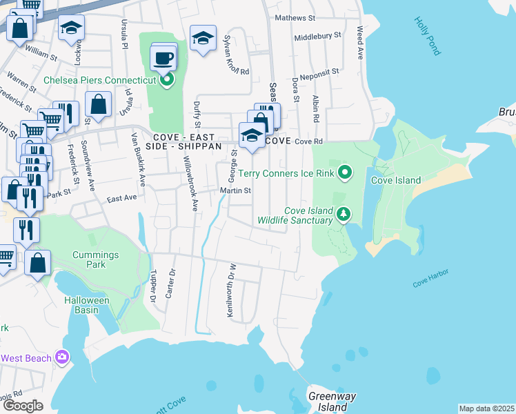 map of restaurants, bars, coffee shops, grocery stores, and more near 86 Horton Street in Stamford